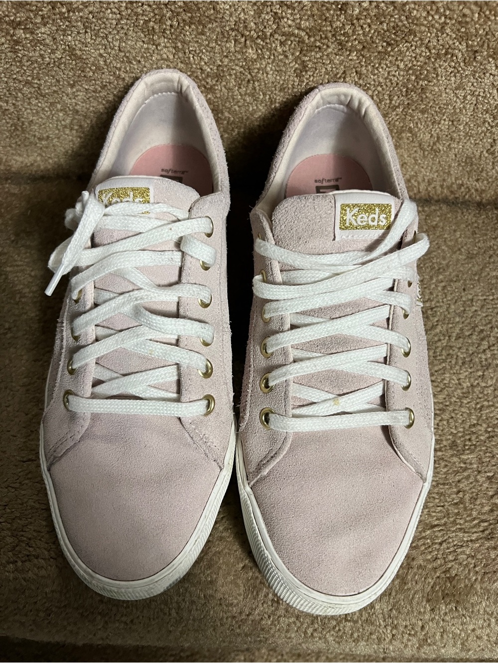Keds Women's Pale Pink Suede Lace-Up Sneakers with Gold Accents